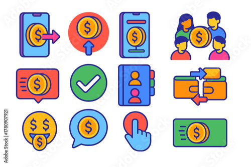 Peer-to-Peer Payment Icons. Isometric vector illustration set Peer-to-Peer Payments: send money phone screen, request money icon,