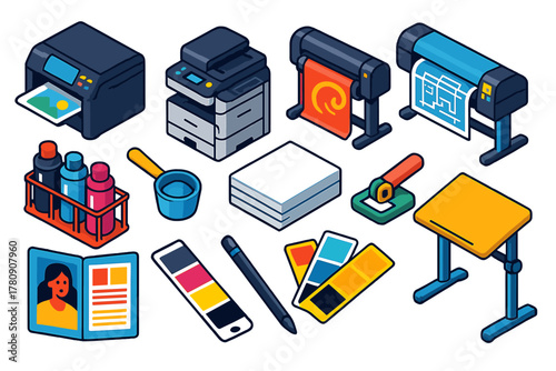 Vibrant Printing Equipment Icons. Isometric vector illustration set 2D printing, design, and technology: inkjet plotter,