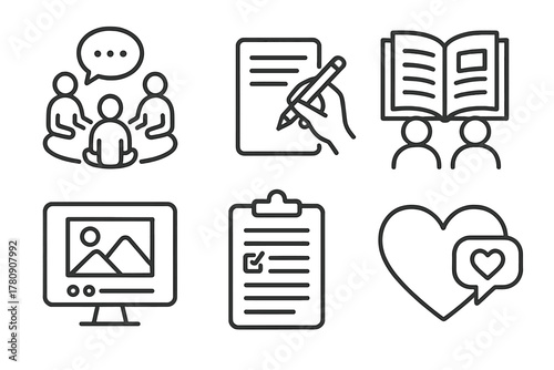 Storytelling Icon Set. Line style icons of reflection and storytelling: group circle talk icon, personal blog writing, shared