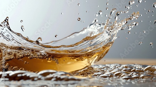 Fluid dynamics freeze-frame. A clear liquid splashes upward from a surface, forming a crown of droplets