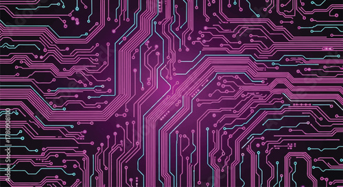 Digital Pathways: Close-up of intricately designed circuit board, glowing with vibrant magenta and turquoise lines, hinting at complex technological systems and innovations.