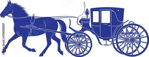Blue silhouette of a horse pulling a carriage with ornate wheels and a lamp vector
