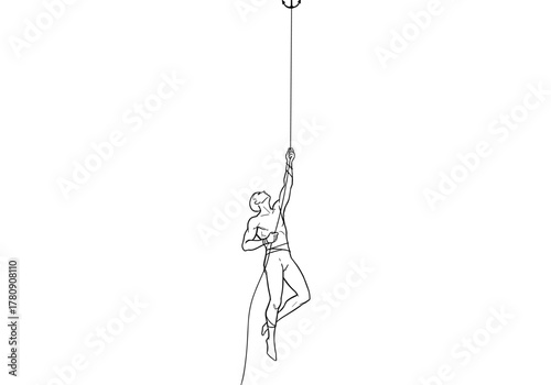 Climbing adventure: minimalist one line art of a rock climber ascending rope
