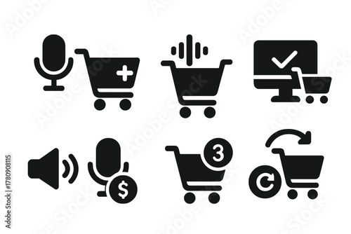 Voice Cart Icons. Solid style icons of voice cart management: item add by voice, remove item mic icon, cart adjust waveform. Voice