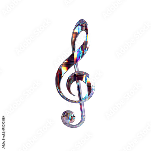 Iridescent treble clef 3D render. Abstract musical symbol in crystal glass with dispersion effect, isolated on black background. Music concept.