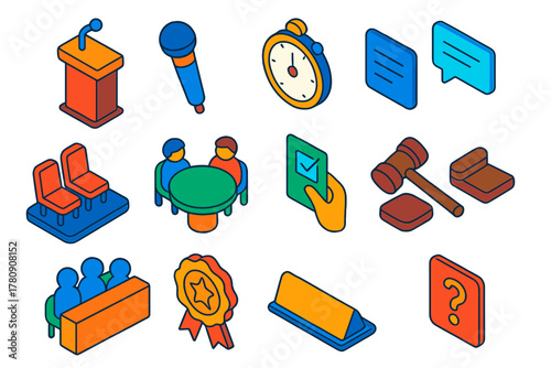 Debate Icons Set. Isometric vector illustration set Education: debate podium, microphone, timer clock, speech notes, audience