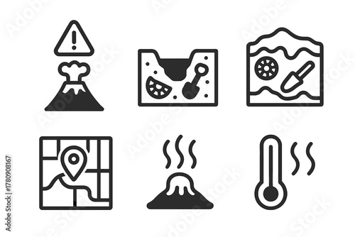 Disaster Archaeology Icons. Line style icons of Disaster Archaeology: volcano warning icon, pyroclastic trench symbol, buried