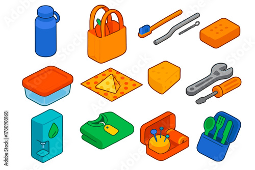 Zero Waste Essentials. Isometric vector illustration set Zero Waste Lifestyle: reusable water bottle, cloth shopping bag, bamboo