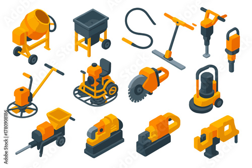 Construction Equipment Icons. Isometric vector illustration set Construction: cement mixer, mortar mixer, concrete vibrator,