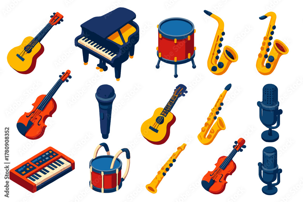 Vibrant Musical Instruments. Isometric vector illustration set music instruments: mini travel guitar, grand concert piano, tom-tom
