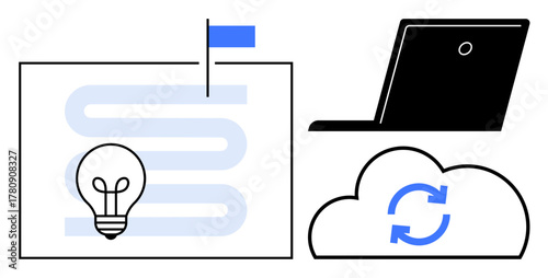 Light bulb, roadmap with goal flag, laptop representing innovation, planning, and cloud sync. Ideal for productivity, problem-solving, teamwork, creativity cloud computing technology simple flat