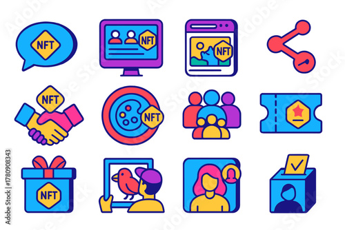 Vibrant NFT Icon Set. Isometric vector illustration set NFT Community and Social: NFT chat bubble, community forum screen, NFT