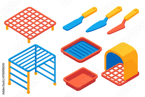 Baking Tools Essentials. Isometric vector illustration set Baking tools – cooling rack, wire grid, rack legs; cake lifter, spatula