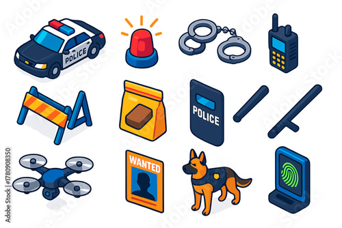 Police Equipment Icons. Isometric vector illustration set Police and Law Enforcement Emergency: police car, siren light, handcuffs