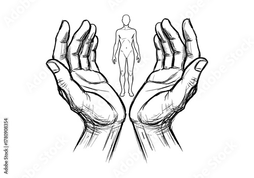 Sketch of open hands with human figure in the background