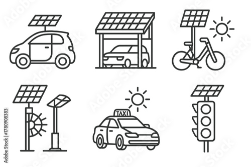 Urban Solar Mobility Icons. Line style icons of urban solar mobility: compact solar commuter, rooftop panel parking garage, public