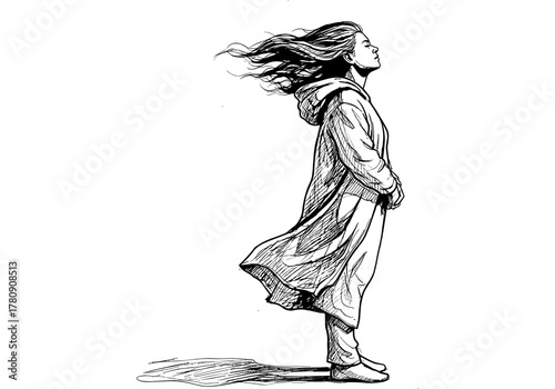 Woman in wind: detailed black and white sketch of standing female with flowing hair in profile