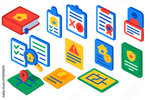 Legal Documents Icons. Isometric vector illustration set Law and Justice: real estate law book, property deed, mortgage contract,