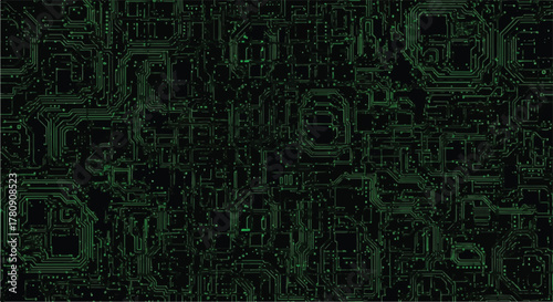 Circuit Board Matrix: An intricate circuit board design radiates with an electric green hue, showcasing the complex network of modern technology.