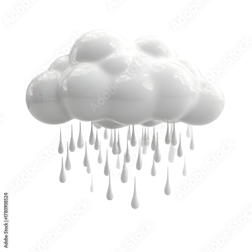 Cartoon rain cloud with raindrops 3D render. Stylized white weather forecast icon isolated on black background. Meteorology and climate concept.