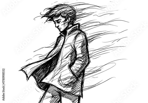 Windy day sketch of pensive person with flowing hair and coat