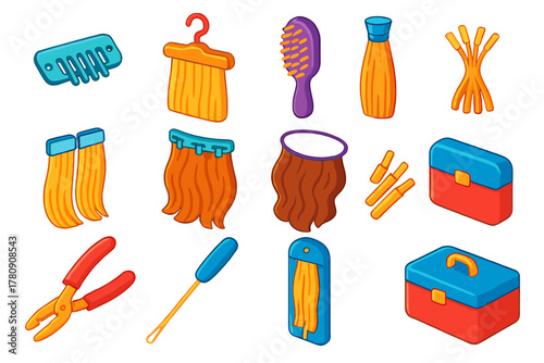 Hair Extension Toolkit. Isometric vector illustration set Hairdressing and Grooming Tools: hair extension clip, hair extension