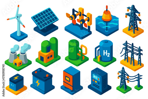 Renewable Energy Icons. Isometric vector illustration set Renewable Energy Equipment: wind turbine, solar panel, tidal power