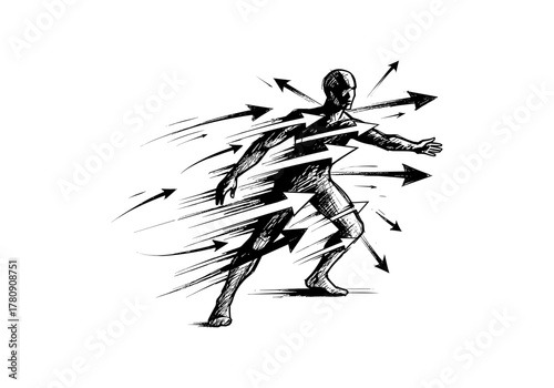 Dynamic sketch of figure in motion with arrows for sports themes