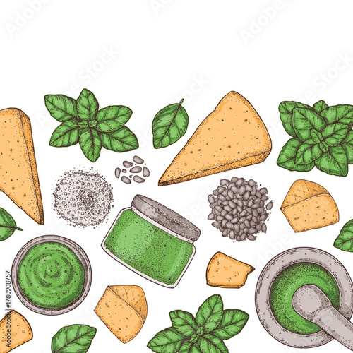 Pesto sauce ingredients vector illustration. Hand drawn. Italian food. Basil, parmesan cheese, pine nuts, garlic, salt, arugula, mortar and pestle