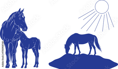 Blue silhouette of a mare and foal standing together next to a grazing horse under a sun colt