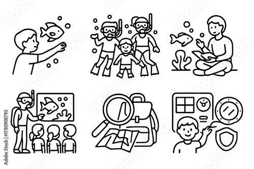 Family Underwater Adventures. Line style icons of family underwater tourism: child watching fish, family snorkeling group,