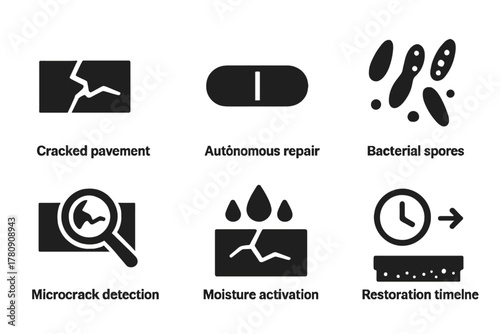 Self-Healing Concrete Icons. Solid style icons of self-healing concrete: cracked pavement, sealing agent capsule, autonomous