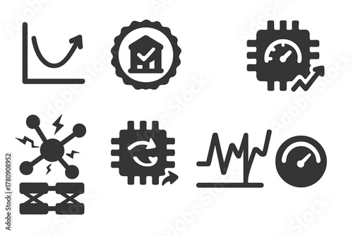 Durability Icon Set. Solid style icons of stress-tested design: durability graph icon, tested structure badge, pressure-tested