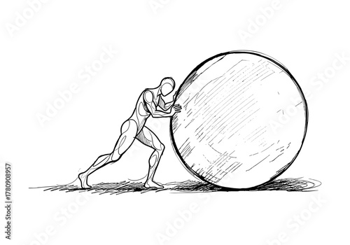 Sketch of figure pushing large sphere: determination and challenge concept