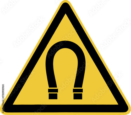 Magnetic field warning sign. Strong magnetic field warning label and symbol. Yellow triangular warning sign  icon
