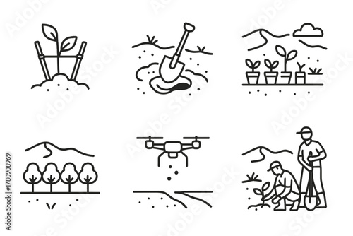 Reforestation Icons Collection. Line style icons of reforestation in drylands: sapling with support sticks, digging pit in desert,