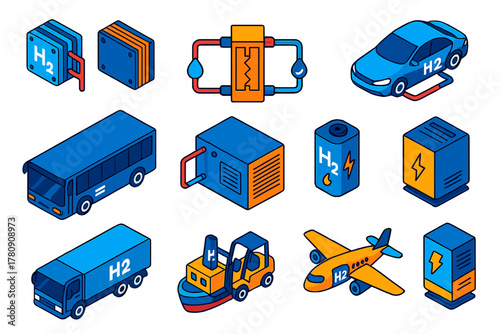 Hydrogen Fuel Cell Technology. Isometric vector illustration set Hydrogen Fuel Cells: PEM fuel cell stack, solid oxide fuel cell,