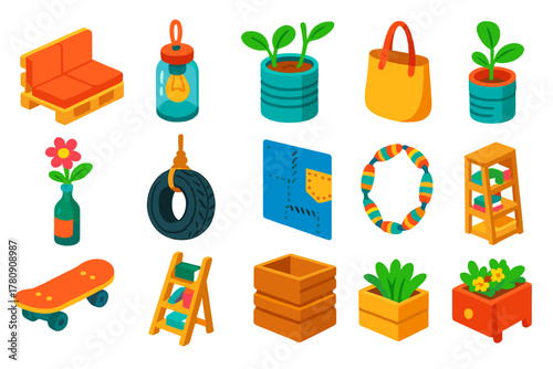 Creative Upcycling Ideas. Isometric vector illustration set Upcycling Ideas: wooden pallet furniture, glass jar lamp, tin can