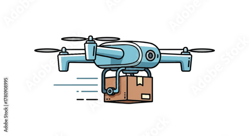 Drone Delivery in Progress: A modern drone navigates through the air with precision, carrying a package box, highlighting the cutting-edge technology driving efficient and rapid delivery services.