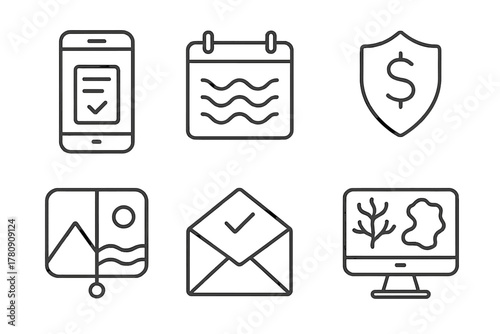 Reservation Icons. Line style icons of booking and reservation: mobile app reservation screen, calendar with waves, payment secure