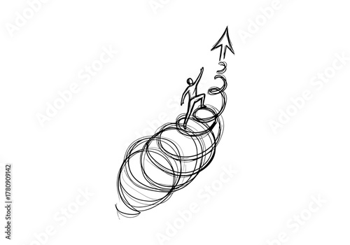 Scribble sketch of figure riding arrow symbolizing growth and success