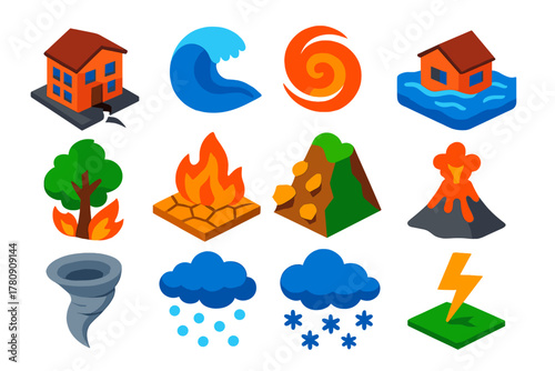 Bold Natural Disasters Icons. Isometric vector illustration set Natural Disasters: earthquake icon, tsunami wave, hurricane swirl,