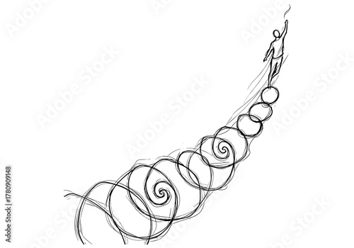 Spiral pathway to success: abstract sketch of a figure ascending a spiral staircase