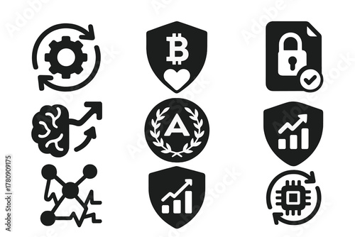 Decentralized Resilience Icons. Solid style icons of decentralized autonomous resilience: DAO with recovery loop, self-healing