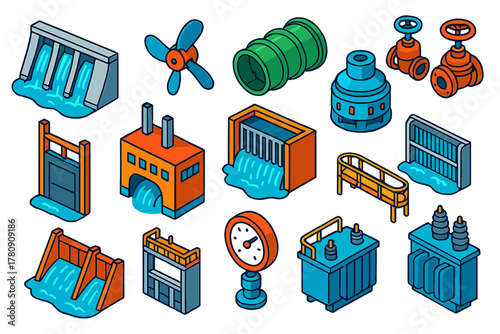 Hydro Energy Icons. Isometric vector illustration set Hydro Energy Equipment: dam turbine blades, hydro generator, penstock pipe