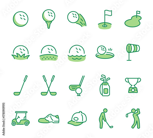 線とアクセント色で構成されたシンプルなゴルフアイコンセット緑　ベクター素材