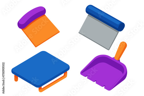 Colorful Baking Tools. Isometric vector illustration set Baking tools – bench scraper, metal bench scraper, plastic dough scraper;