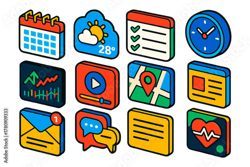 Vibrant App Widget Icons. Isometric vector illustration set App UI Widgets: calendar widget, weather widget, task list widget,