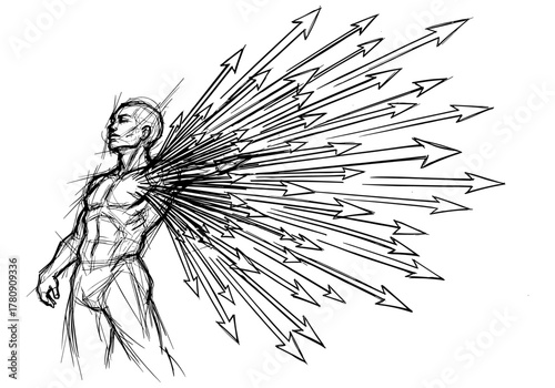 Dynamic arrow concept art of human figure exploding with energy and motion