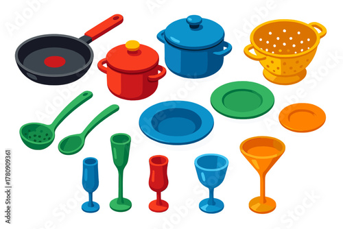 Colorful Kitchen Icons. Isometric vector illustration set Kitchen and Dining Elements: non-stick frying pan, ceramic saucepan,